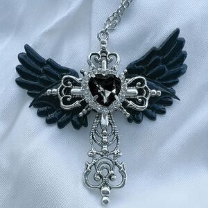 Y2K Angel Wings Cross Black Diamond Heart Pendant Necklace